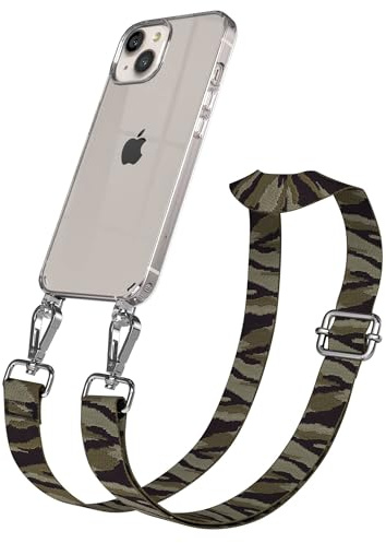 EAZY CASE Handykette - Verstellbares Taschenband kompatibel mit iPhone 13, Schulterriemen, Handykordel mit Silikon Hülle, Umhängetasche, Grün Camouflage Silber