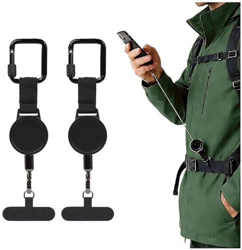 Nymora 2 Pack Retractable Phone Tether Lanyard for Phone, Anti Theft Phone Cord & Holder for Skiing with Locking Carabiner, Black