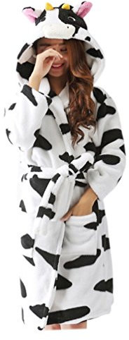 CuteOn Unisex Coppia Da Donna Uomo Cartone Animato Animale Coral Fleece Cappuccio Avvolgere Vestaglia Pigiameria Accappatoio Cosplay Latte Mucca Large