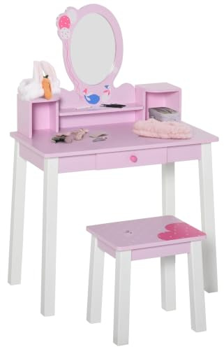 HOMCOM Tocador Infantil con Taburete y Espejo para Niñas 60x34x93 cm Rosa | Tipo Princesa, Mesita de Maquillaje de Madera, Juguete, 3+ Años