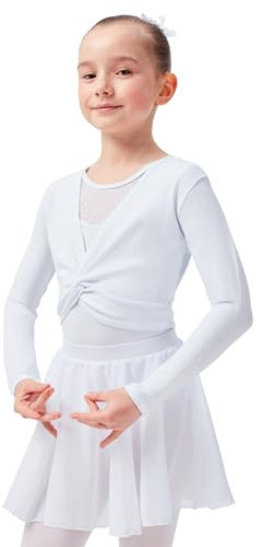 tanzmuster ® Ballettjacke Mädchen Langarm - Mia - aus sehr weichem Baumwollstoff Ballett Top zum Reinschlüpfen in weiß, Größe 104/110