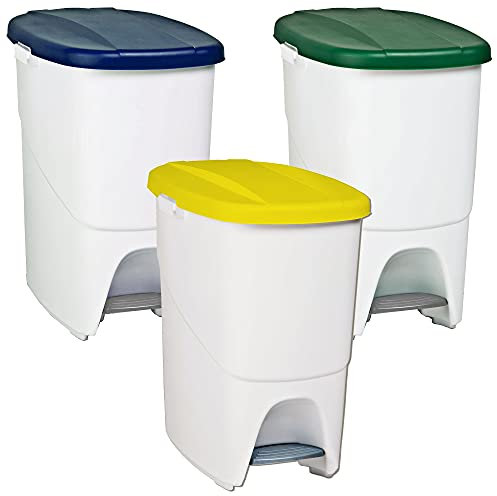 Denox PK3327 Pack Reciclaje Pedalbin Ecológico 25 litros c/u: 75 litros totales, en 3 contenedores, en Colores Azul/Verde/Amarillo, Multicolor, 25 L