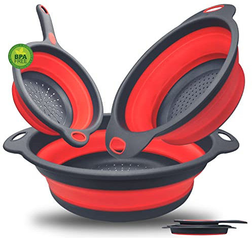 Walfos Collapsible Colander Set - Silicone Pasta Colander with Handle, Set of 3, Space-Saving Kitchen Strainers, 1.5 Qt, 2 Qt and 4 Qt, BPA Free & Dishwasher Safe, for Pasta, Vegetables, Fruits