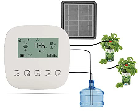 Benkeg Sistema de Riego Automático Dispositivo de Riego Inteligente Sistema de Bomba Dual WiFi/Voz/Control Manual Tiempo de Riego Programable Batería Incorporada Panel Solar/Carga USB Compatible co