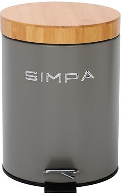 simpa 5L 5 Litre Matt Dark Grey Slim Soft-Closing Pedal Dustbin with Bamboo Lid