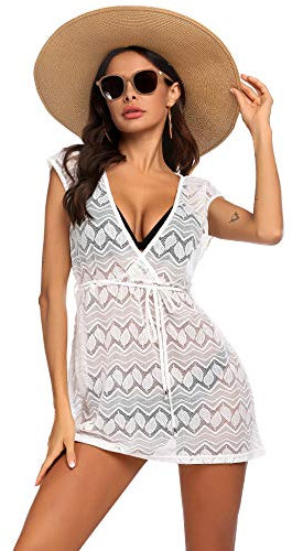 AI'MAGE Damen Strandkleid Bikini Cover Up Strandponcho Sommer Bademode Strand Vertuschen Shirt weiß M