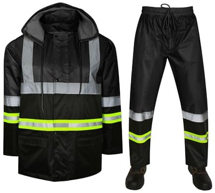 Hi Vis Viz Reflective Contrast High Visibility Tape Rainsuit 2 Piece Set Hooded Waterproof PVC Unisex Rain Suit Jacket & Trousers Workwear Rain Wear