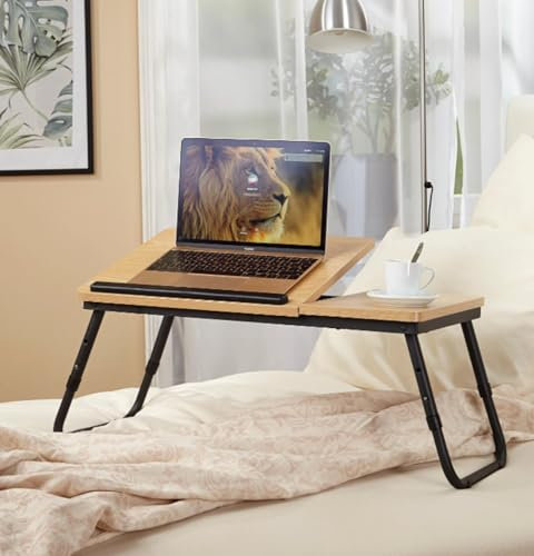 Table pliante flexible en bois - Inclinaison réglable en hauteur - Pour ordinateur portable, lecture, écriture - Table de lit en bois