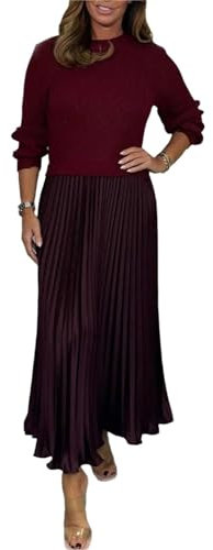 Jasperbelly Pleated Dress, Women's Solid Color Long Sleeve Jumper Pleated Bottom Dress, Casual Dresses for Women(Red,L)