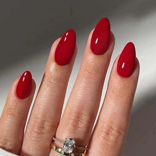 Ceboic 24 Pcs French Tip Press on Nails, Almond Short False Red Full Cover Fake Nails Solid Color Artificial Glue on Nails, Natural Reusable Stick on Nail for Women Girls Nail Art Gifts