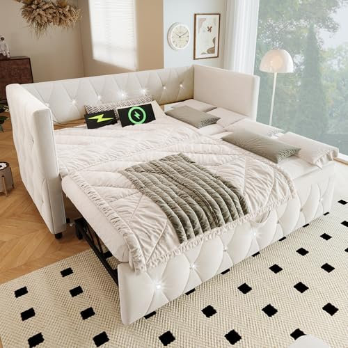 LTGB Upholstered Bed 90x190cm, Daybed Sofa Bed with with USB &Type C Charging Sations, 3FT Single Bed with Trundle,Pull out Trundle, for Living Room and Bedroom, Velvet (Beige)
