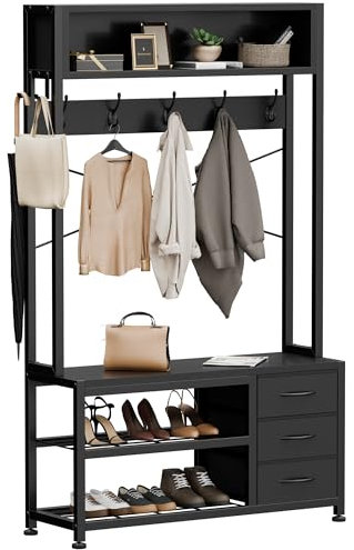 Buluri Garderobenständer mit Schuhablage, Garderobe mit Sitzbank, 12 Haken, 3 Schubladen und 1 Ablagefläche, Metallrahmen, 30 x 80 x 180 cm, für Flur Eingänge (Schwarz)