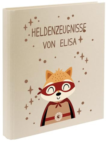 Zeugnismappe mit Namen personalisiert aus Leinen Schulkind Geschenk zur Einschulung Motiv Superheld (Beige, Fuchs)