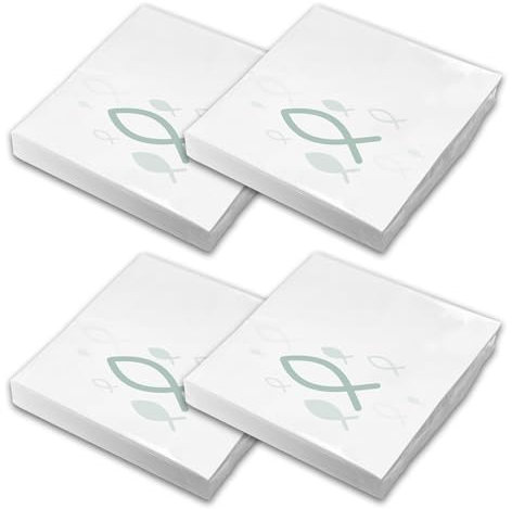 itenga Servietten Fisch 30 x 30 cm 3-lagig 80 Stück für Taufe Kommunion Konfirmation Jungen und Mädchen (weiss und eukalpytus grün)