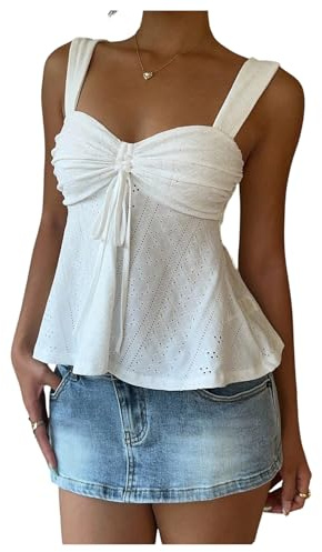 Milumia Women's Eyelet Tie Front Ruched Tank Tops Y2k Drawstring Sexy Going Out Top White Medium