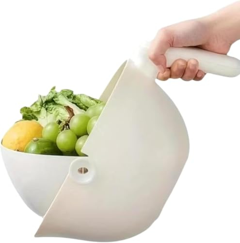 Cuenco para lavar frutas con colador, colador giratorio de plástico, colador de alimentos, cuenco para enjuagar frutas, verduras, colador, colar pasta (Blanco Crema)