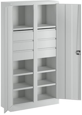Pavoy | Schwerlastschrank | Höhe 1950 mm | 6 Fachböden | 6 Schubladen à 175 mm | grau