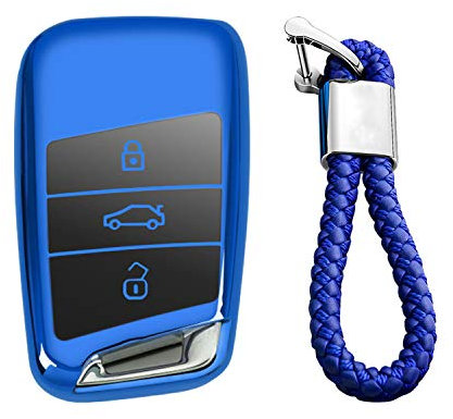 M.JVisun Doux TPU Clef Coque Porte-clés pour Volkswagen Arteon Atlas Golf Alltrack Jetta Passat Pour Tiguan Pour Skoda Kodiaq Superb A7 Intelligent Clé de Voiture - Brillant Bleu - Tressé Porte-clés