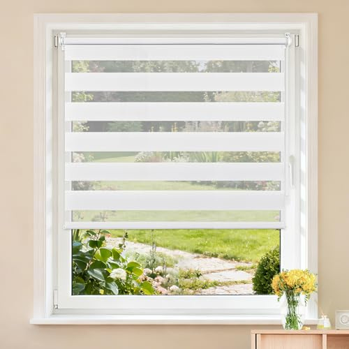 Buseu Store Enrouleur Jour Nuit sans Perçage, Blanc, 55 x 200 cm | Largeur du Tissu 55 cm, Rideau Translucide & Occultant, Fixation par Clips, Pour Fenêtre & Porte de Salon, Bureau, Chambre