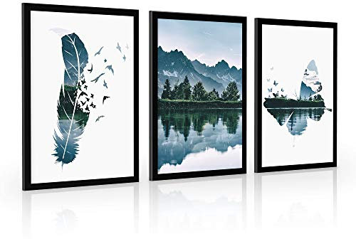 Estika Bilder set mit rahmen - Berglandschaft - Wählen größe (3x A2 oder 3x A3) und farbe des rahmens (4 Farben) - Moderne deko poster set, Wandbild wohnzimmer oder schlafzimmer
