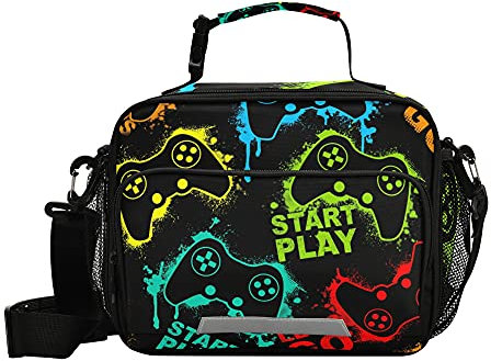 Glaphy Bolsa de almuerzo con patrón de videojuegos, lonchera aislada, contenedor de alimentos para adultos, hombres y mujeres