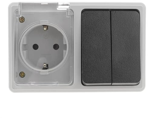Base schuko estanca con doble conmutador, ideal para instalaciones interiores y exteriores, y para controlar dos circuitos eléctricos.