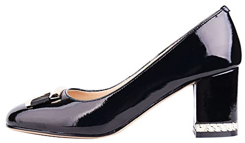 Verocara Women's Mid Chunky Heel Ornament Decoration Genuine Leather Evening Dress Court Shoes Pumps Black Genuine Patent Leather H 7 UK