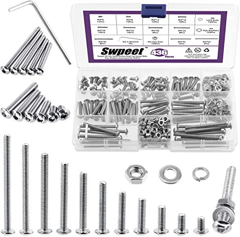 Swpeet 436Pcs M4 Metric 304 in acciaio inox con testa a bottone esagonale, viti e dadi esagonali con rondelle piatte e rondelle di bloccaggio divise, viti, dadi rondelle tutte incluse