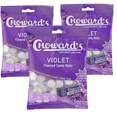 Choward's Violet Mints Candy Bag | Bold Aromatic Flavor | Perfect for Snacks in Lunchboxes, Travel, Sharing, and Gifting | Nostalgic Vintage Candy | 3 Pack (49 Individually Wrapped Candy Mints)