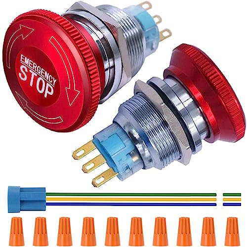 Xiatiaosann Interruptor de botón pulsador de parada de emergencia con pestillo de metal de acero inoxidable de 22 mm, con enchufe de conexión, tapas de alambre (paquete de 2)
