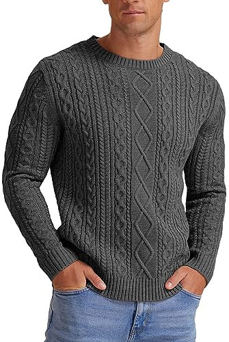 Hisir Men's Winter Cable Knit Jumpers Casual Crew Neck Thick Warm Long Sleeve Sweater Pullover Tops for Men UK (Dark Grey, M)