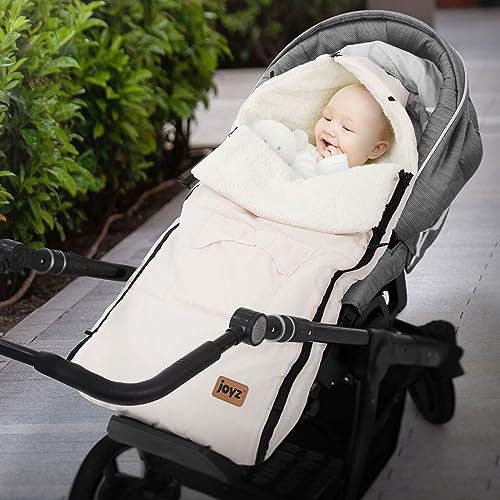 Joyz Babyfußsack, Creme, Universal Fußsack für Babyschale, Kinderwagen & Buggy, Sitzauflage aus Fleece, Kuschelsack mit Reißverschluss, Kopfteil & Tasche, Wetterfest, Antirutschnoppen, Winterfußsack