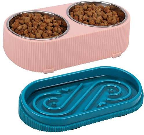 Belle Vous Gamelle Chat Nourriture & Eau Surélevée Rose - 2 x 350 ML Mangeoirs et pour en INOX avec 30.5 x 15 x 9 cm Support Surélevé Antidérapant pour Chien & Chats de Petite à Moyen Taille