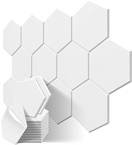 JBER 12 Pack Sechseck-Akustik-Paneele, Schallschutzschaum selbstklebend, 30 X 26 X 1cm High-Density-Akustik-Wandpaneele für Studio, Heimbüro (weiß)