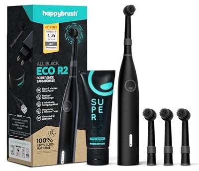 happybrush® [Testsieger 2024*] Elektrische Zahnbürste Eco R2 - Nachhaltige rotierende Zahnbürste mit Power-Akku inkl. 3 Aufsteckbürsten und Zahnpasta Schwarz, von Zahnexperten empfohlen