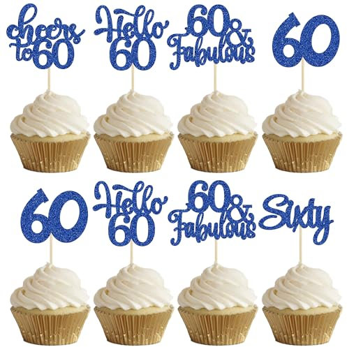 30Pcs Happy 60th Birthday Cupcake Toppers Deep Blue Glitter Sixty Cake Toppers Cheers to 60 Years Old Birthday Cupcake Picks for 60th Birthday Anniversary Party Cake Decorations Supplies