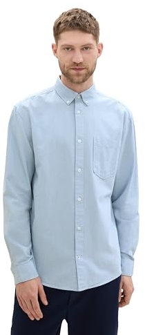 TOM TAILOR Herren Regular Fit Hemd mit Logo-Stickerei an der Brusttasche, 35960 - Light Blue Chambray, M