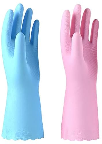 Alimat PluS 2 Pack Reusable Cleaning Gloves Latex Free, Dishwashing Gloves with Cotton Flock Liner and Embossed Palm, Waterproof Household Gloves for Laundry, Gardening (Medium)