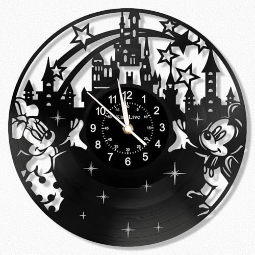 KingLive Wanduhr aus Vinyl Schallplattenuhr Mausmotiv Upcycling Schlossparadies - Schön Design-Uhr Wand-Deko Vintage Zimmer Dekoration Kunst Geschenk
