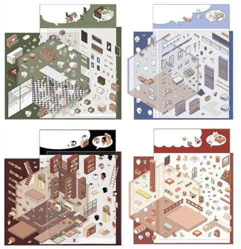 4 Sets DIY 3D House Stickers, Fun DIY Stickers Scene, Make Your Own Supermarket-Coffee Shop-Restaurant-Bookstore, DIY 3D Sticker Scene Stickers for Adult Kids Relief Stress Pass The Time (Type A)