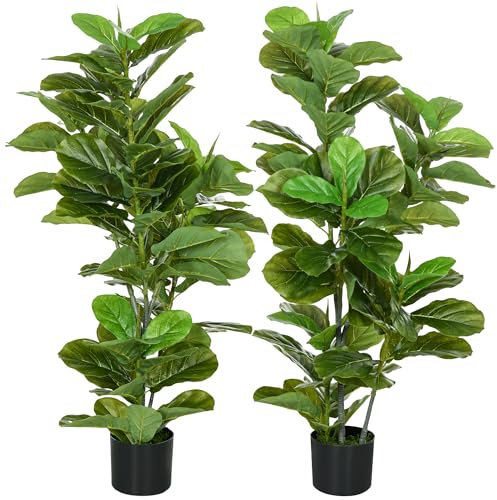 HOMCOM Conjunto de 2 Plantas Artificiales Decorativas 110x15 cm Árboles Artificiales de Ficus con 90 Hojas y Macetas para Interior Decoración para Sala de Estar Oficina Verde