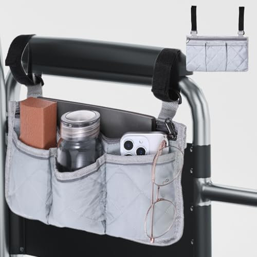 Psyqtsuary Minimalist Wheelchair Accessory, Gray Wheelchair Bag Armrest Pouch with Reflective Stripe, Side Organizer, Waterproof, 32 x 18 cm