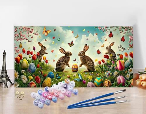 Malen Nach Zahlen Erwachsene Ostern DIY Bastelset Erwachsene Frauen Malen nach Zahlen Ostereier mit Pinsein und Acrylfarbe, Paint by Numbers Anfänger Handgemalt Ölgemälde Kit für Deko 40x90cm N5-242