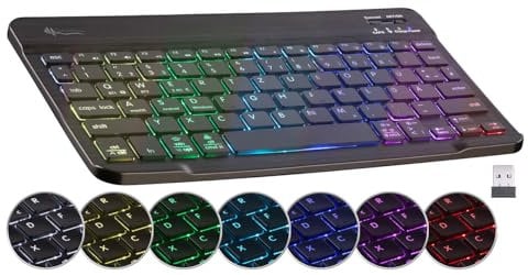 GeneralKeys Tastatur: Kompakte Multi-Device-Akku-Funktastatur Bluetooth, LED 7 Color,QWERTZ (BT-Keyboard, Funk-Tastatur beleuchtet)