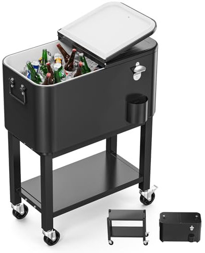 Bonnlo 57L Servierwagen mit Rollen, Beistellwagen, Patio-Kühlwagen, Kühlbox, Getränkekühler mit Flaschenöffner, Praktisch für Outdoor-Partys und BBQs, 35,5 x 66 x 81 cm, Schwarz