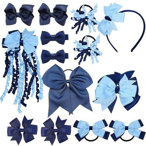 Schul-Haar-Accessoires-Set 14 Stück Uniform Haar- Schleifen, Haarband-Clips, Haargummis, lockige Korker-Schleifen für kleine Schulkinder (Marineblau hellblau)