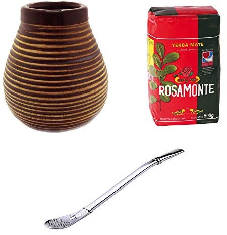 Mein Teeshop Mate Ceramic Mug Brown + Bombilla Stainless Steel + Rosamonte Yerba Mate 500 g