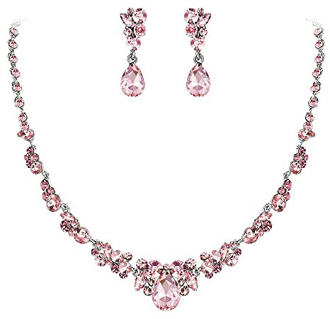 EVER FAITH Damen Schmuckset österreichisch Kristall Braut Floral Tropfen Halskette Ohrringe Set Rosa Silber-Ton