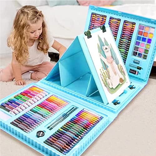 XDISHYN 208 PCS Art Supplies, Brand Drawing Kit for Kids Adults Art Set with Double Sided Trifold Easel, Oil Pastels, Crayons (Blue)
