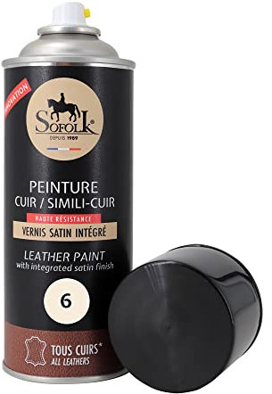 Sofolk - Peinture Cuir avec Vernis intégré - Recoloration Cuir Abimé, Rayé, Griffé, Décoloré : Volant, Siège Auto, Canapé, Chaussure, Veste et Vêtements - Aerosol - 06-Blanc Cassé